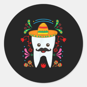 Pegatina Redonda Diente dental floral Funny Cinco De Mayo Mexicano 