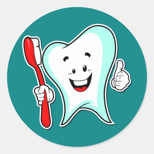 Pegatina Redonda Diente Personalizado feliz con cepillo de dientes (Anverso)