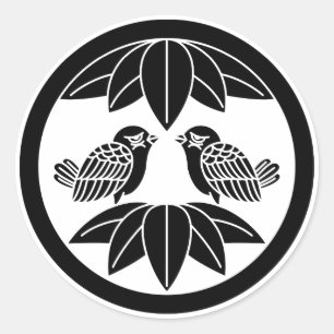Pegatina Redonda Diez hojas de bambú y frente a gorriones en círcul