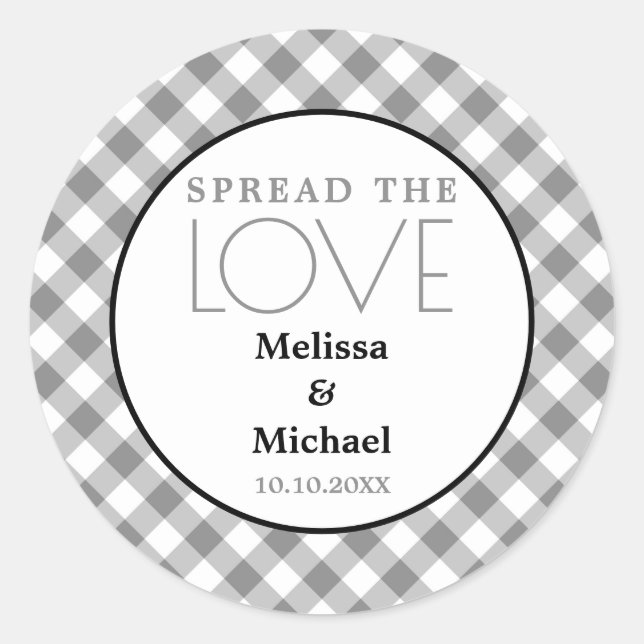 Pegatina Redonda Difundir El Amor Gray Gingham Wedding Favor (Anverso)