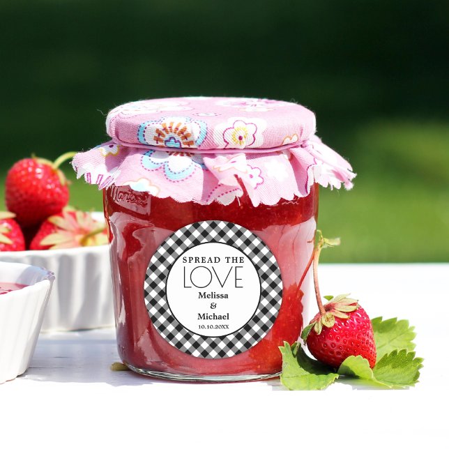 Pegatina Redonda Difundir El Amor Negro Blanco Gingham Wedding Favo (Spread The Love Black White Gingham Wedding Favor Classic Round Sticker Jam favor stickers)