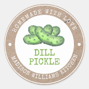 Pegatina Redonda Dill Pickle Casero con Amor en Papel Kraft Falso