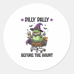 Pegatina Redonda Dilly Dally Antes de Haunt Frog Halloween Shopping