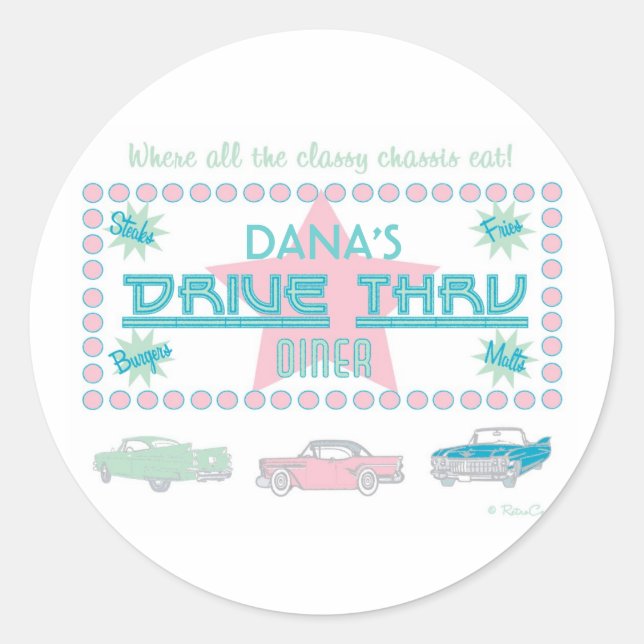 Pegatina Redonda Diner Retro Drive-Thru (pk) (Anverso)