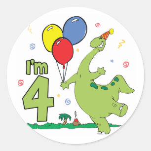 Pegatina Redonda Dino 4 de cumpleaños