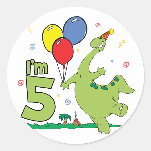 Pegatina Redonda Dino 5 cumpleaños (Anverso)