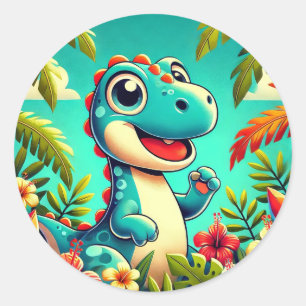 Pegatina Redonda Dino Bonito Sticker Tropical Regalo para Niños Art
