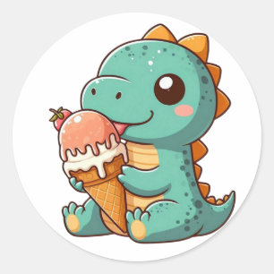 Pegatina Redonda Dino de comer helado lindo