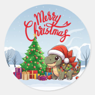 Pegatina Redonda Dino de Navidades pequeños y extravagantes