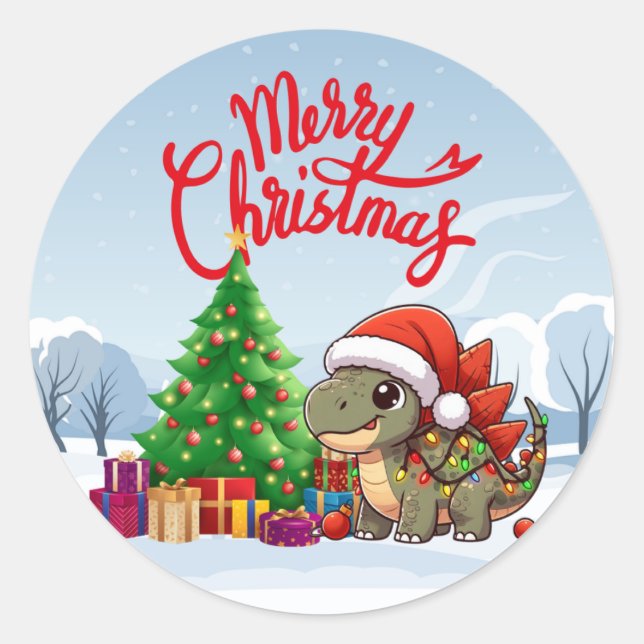 Pegatina Redonda Dino de Navidades pequeños y extravagantes (Anverso)
