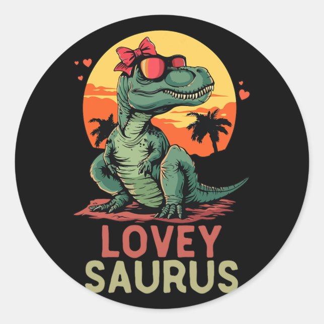 Pegatina Redonda Dino Dinosaur Lovey-saurus T-rex Funny Trex (Anverso)