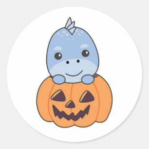 Pegatina Redonda Dino En Calabaza Dinos Dinos Dulces Feliz Hallowee