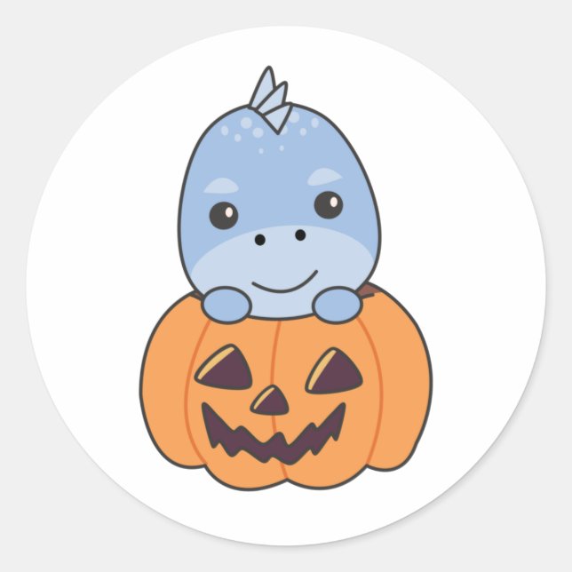 Pegatina Redonda Dino En Calabaza Dinos Dinos Dulces Feliz Hallowee (Anverso)