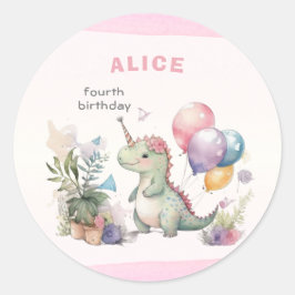 Pegatina Redonda Dino Fiesta Chica acuarela Pink Birday
