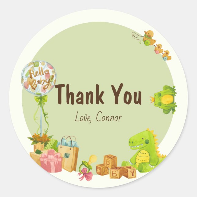 Pegatina Redonda Dino, fiesta de cumpleaños de juguetes (Anverso)