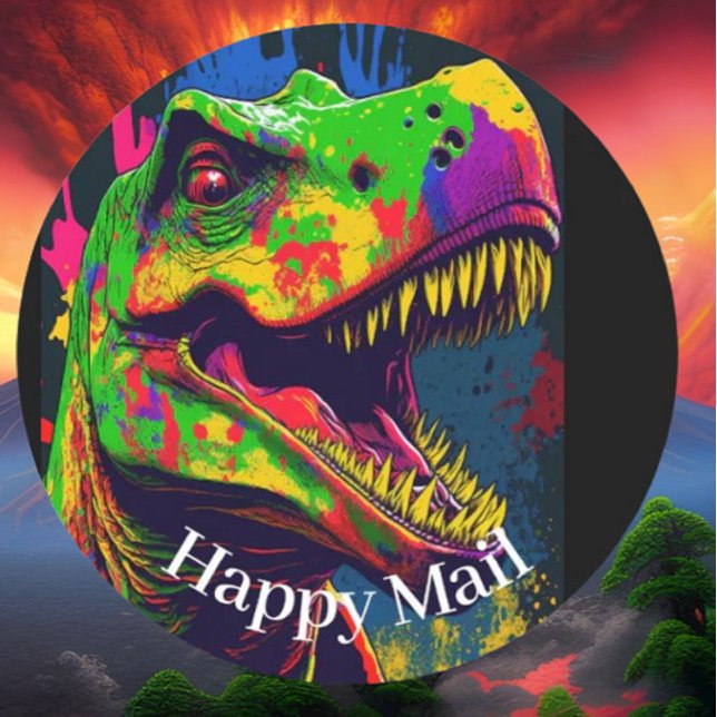 Pegatina Redonda Dino Happy T-Rex Happy Mail (Bring your dream party to life with our selection of quality Dinosaur themed party supplies )