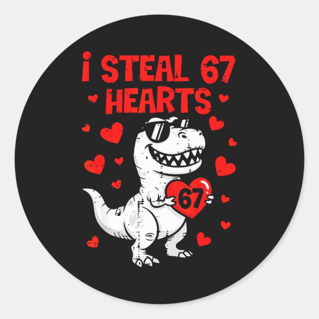 Pegatina Redonda Dino Holding Heart I Steal 67 Hearts Funny Six Sev (Anverso)