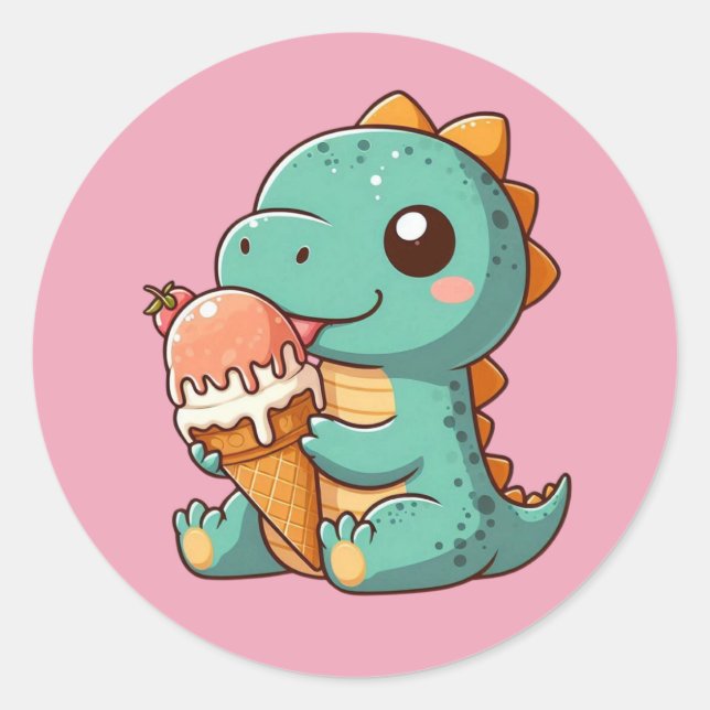 Pegatina Redonda Dino lindo comiendo helado (Anverso)