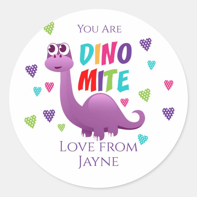 Pegatina Redonda Dino Mite Dinosaur Valentine (Anverso)
