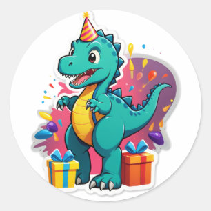 Pegatina Redonda "Dino-Mite Fiesta de Cumpleaños!" (Niños