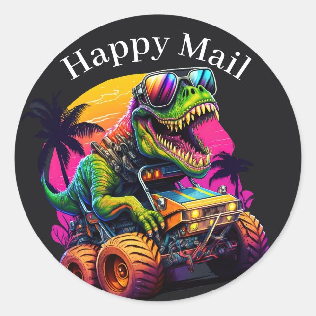 Pegatina Redonda Dino Monster Truck Happy Mail (Anverso)
