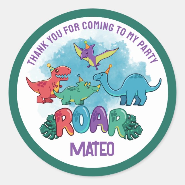 Pegatina Redonda Dino Party Sticker (Anverso)