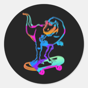 Pegatina Redonda Dino patinador divertido monopatín patinaje en mon