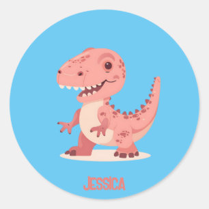 Pegatina Redonda Dino Rex Rosa Con Nombre Infantil
