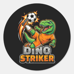 Pegatina Redonda Dino Striker T-rex Patada de Fútbol Dinosaurio Div