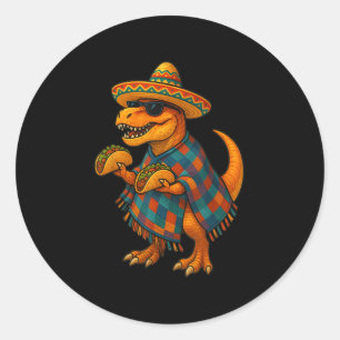 Pegatina Redonda Dino T-rex Taco Fiesta_ Cinco De Mayo En Sombrero