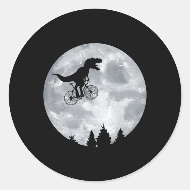 Pegatina Redonda Dino Trex Riding Moon Bike Halloween Ciclismo Luna (Anverso)