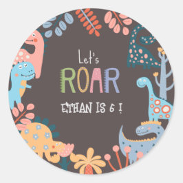 Pegatina Redonda Dinos vamos a rugir cumpleaños de niños
