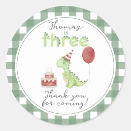 Pegatina Redonda Dinosaur a las Tres Cumpleaños Agradecimiento Acua