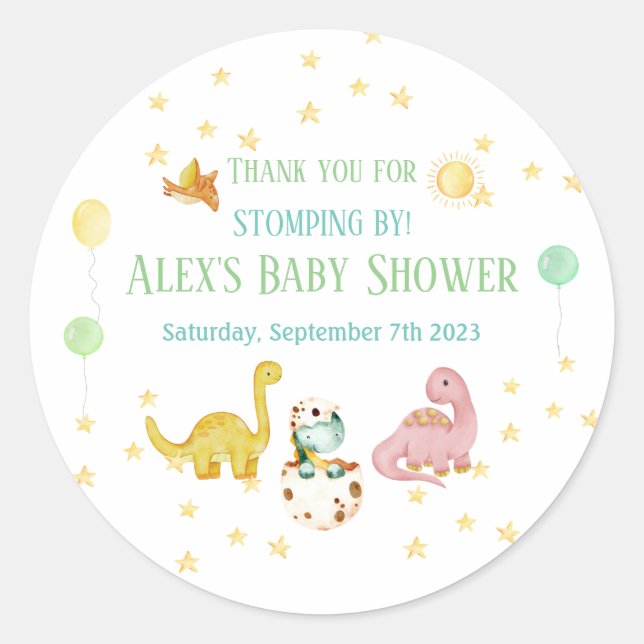 Pegatina Redonda Dinosaur Baby Shower (Anverso)