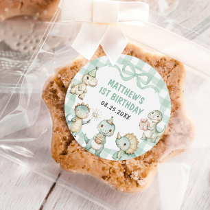 Pegatina Redonda Dinosaur Blue Gingham Primer Fiesta de cumpleaños