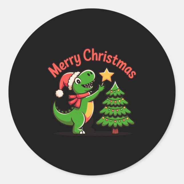Pegatina Redonda Dinosaur Christmas Merry Christmas T-rex Decoratin (Anverso)