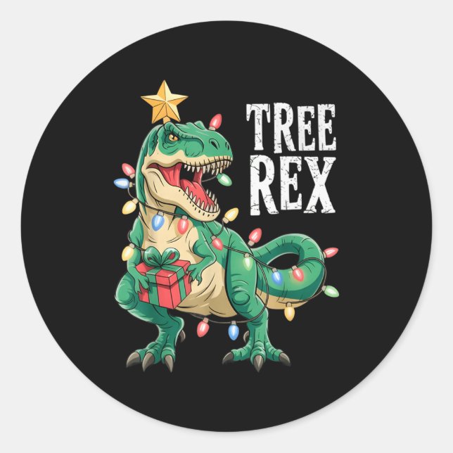 Pegatina Redonda Dinosaur Christmas Tree Rex Pajamas Men Boys Xmas  (Anverso)