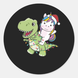 Pegatina Redonda Dinosaur Christmas Unicorn Winter T-Rex Dino