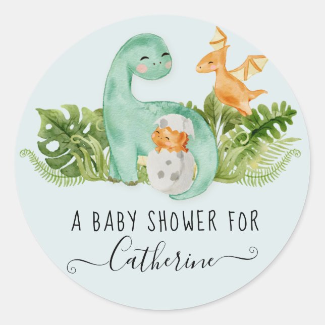 Pegatina Redonda Dinosaur Cute Watercolor Greenery Boy Baby Shower (Anverso)