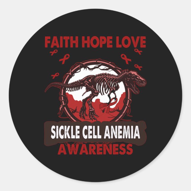 Pegatina Redonda Dinosaur Faith Hope Love SICKLE CELL ANEMIA Awaren (Anverso)