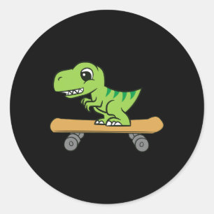 Pegatina Redonda Dinosaur haciendo skateboarding Cute Dinosaur en m