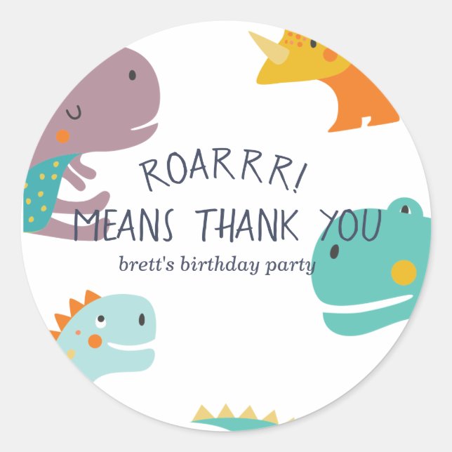 Pegatina Redonda Dinosaur Roar Boys Birthday Blue (Anverso)