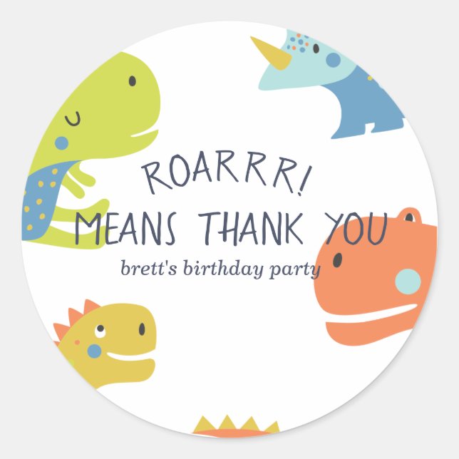 Pegatina Redonda Dinosaur Roar Boys Birthday Blue (Anverso)
