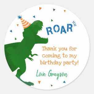 Pegatina Redonda Dinosaur T-rex Cumpleaños Gracias Pegatinas Labore