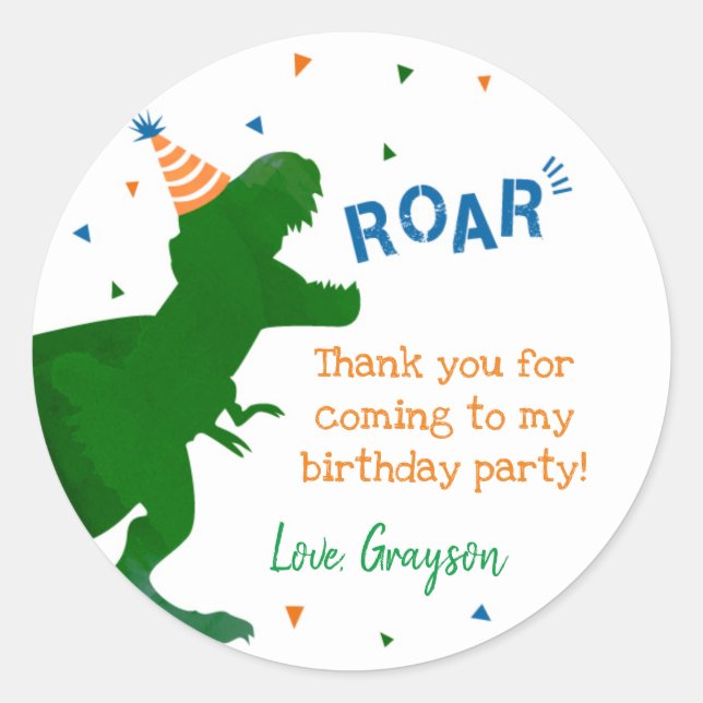 Pegatina Redonda Dinosaur T-rex Cumpleaños Gracias Pegatinas Labore (Anverso)