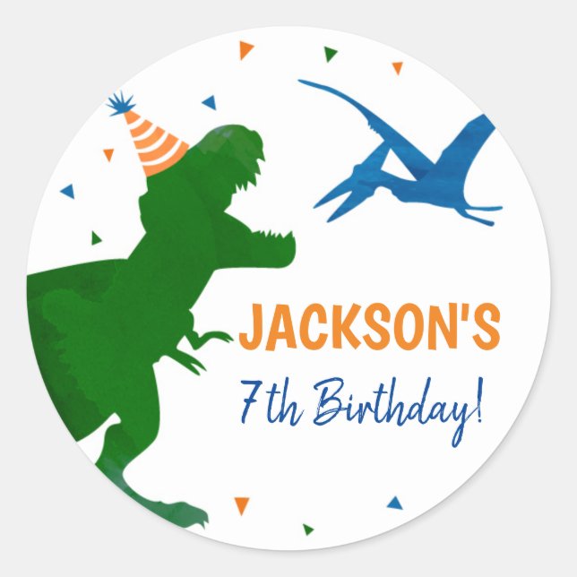 Pegatina Redonda Dinosaur T-rex Cumpleaños Gracias Pegatinas Labore (Anverso)