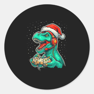 Pegatina Redonda Dinosaur T Rex Jugando Videojuego Santa Hat Christ