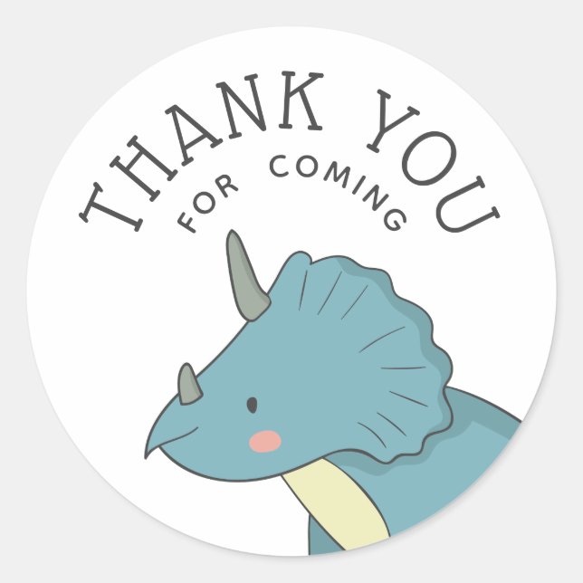 Pegatina Redonda Dinosaur Thank You | Blue Triceratops Party Favor (Anverso)