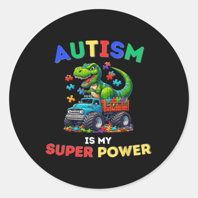 Pegatina Redonda Dinosaur Trex El Autismo Es Mi Superpoder Concienc (Anverso)