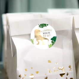 Pegatina Redonda Dinosaurio 4.º Fiesta de cumpleaños Tirano de Oro 